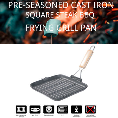 Le gril carré de fonte grillent le gril plat pré chevronné de poêle de fer avec la poignée se pliante