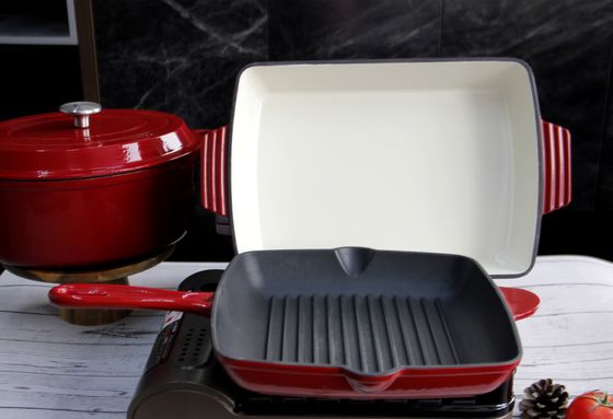 Le bâton émaux rouge de la casserole 10inch de poêle de fonte non cuisent Pan With Ridge à la friteuse