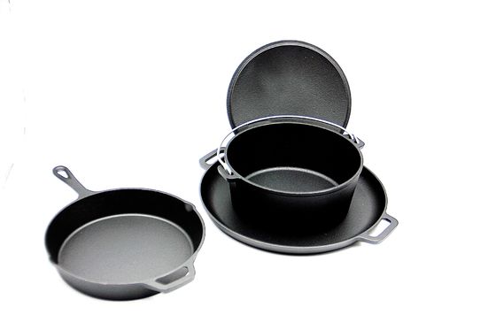 La poêle de fonte, casserole de gril, Morceau-ensemble du four néerlandais 3 a pré assaisonné pour tout le fourneau