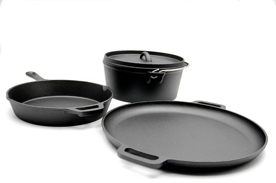 La poêle de fonte, casserole de gril, Morceau-ensemble du four néerlandais 3 a pré assaisonné pour tout le fourneau