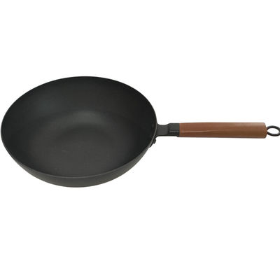 12&quot; wok de poêle de fonte de GV de diamètre avec la poignée en bois