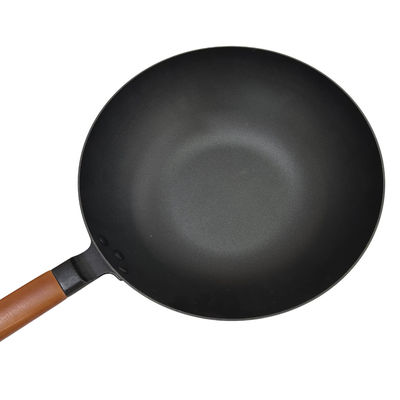 Poignée en bois de Pan Chinese Wok Pan With de fonte résistante de 14 pouces et couvercle en verre