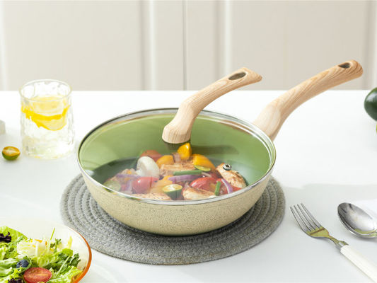 13Inch wok en aluminium chinois revêtement de Pan With Tempered Glass Lid et non de bâton