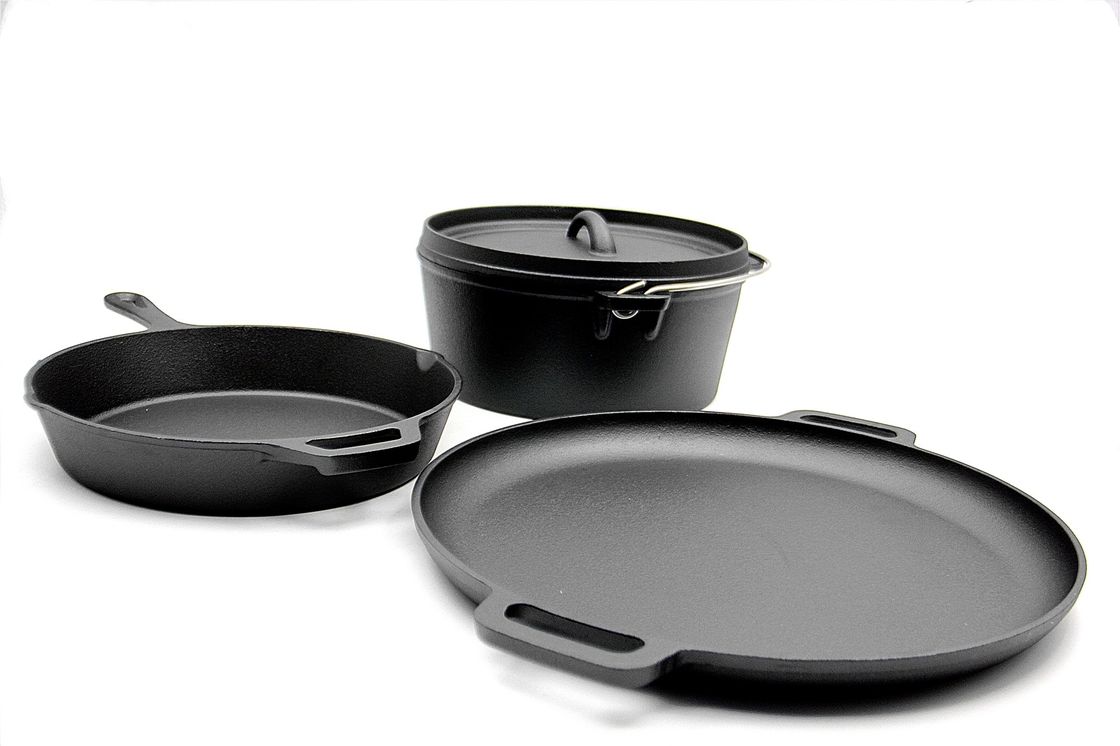 La poêle de fonte, casserole de gril, Morceau-ensemble du four néerlandais 3 a pré assaisonné pour tout le fourneau
