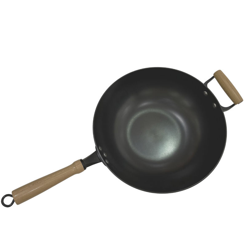 Poignée en bois de Pan Chinese Wok Pan With de fonte résistante de 14 pouces et couvercle en verre