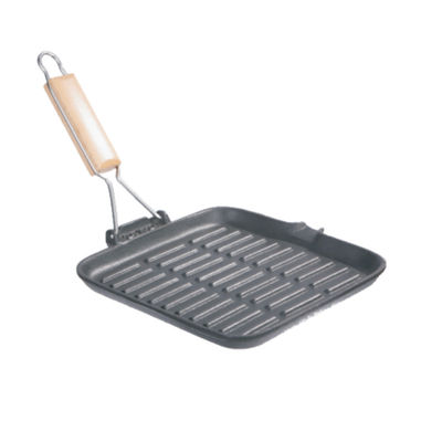 Le gril carré de fonte grillent le gril plat pré chevronné de poêle de fer avec la poignée se pliante